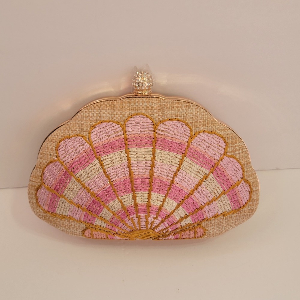 Haute Hippie Style Pink Seashell Embroidered Straw Clutch Crossbody Bag New - Picture 7 of 9